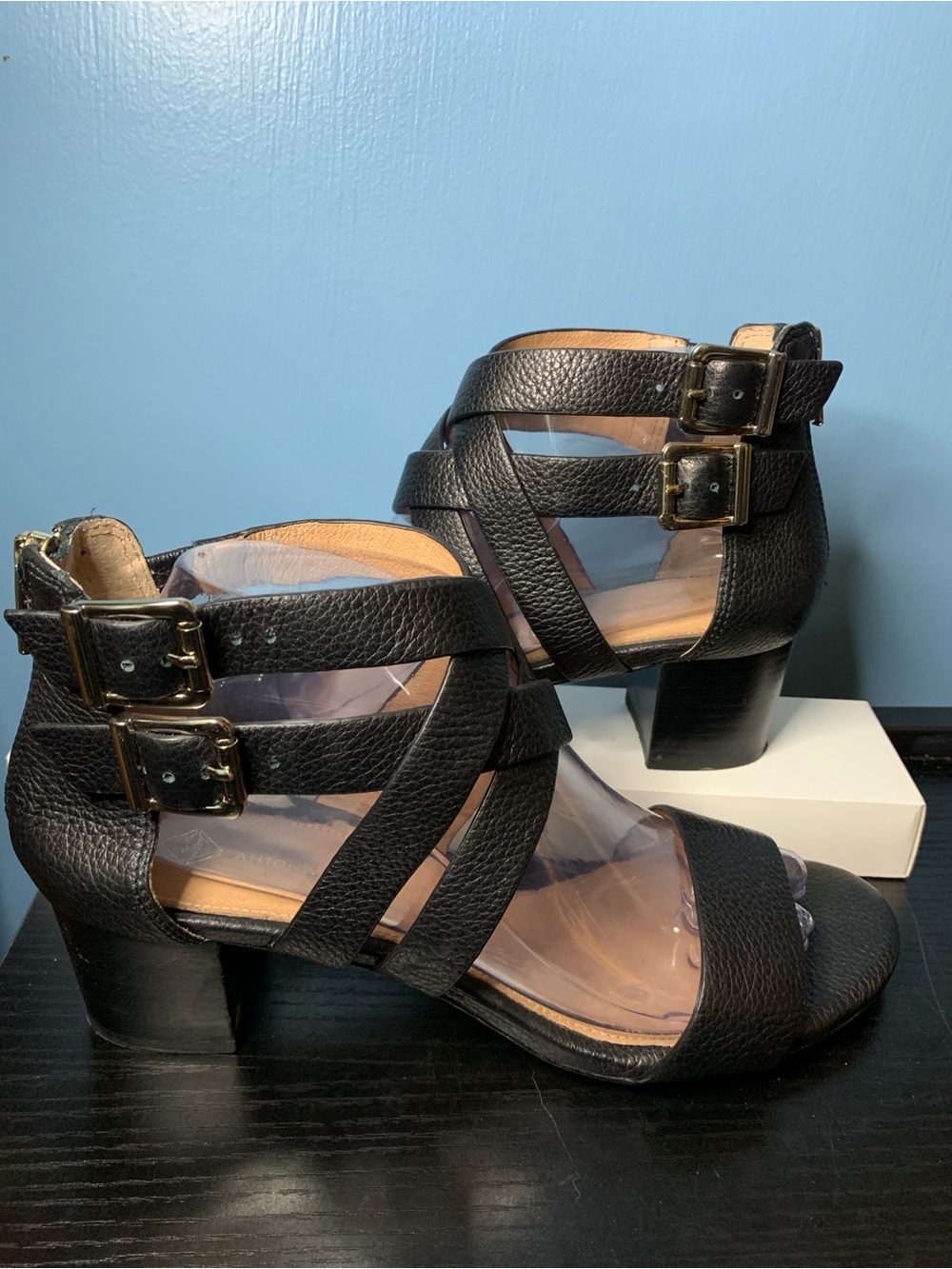 ANTONIO MELANI Black Strappy Block Heel Sandals